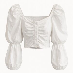The Shirt Rochelle Behrens White Ruched Puff Sleeve Crop Blouse XS